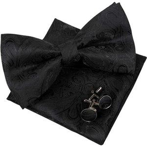 Mens Paisley Bow Tie, Hanky and Cufflinks Black